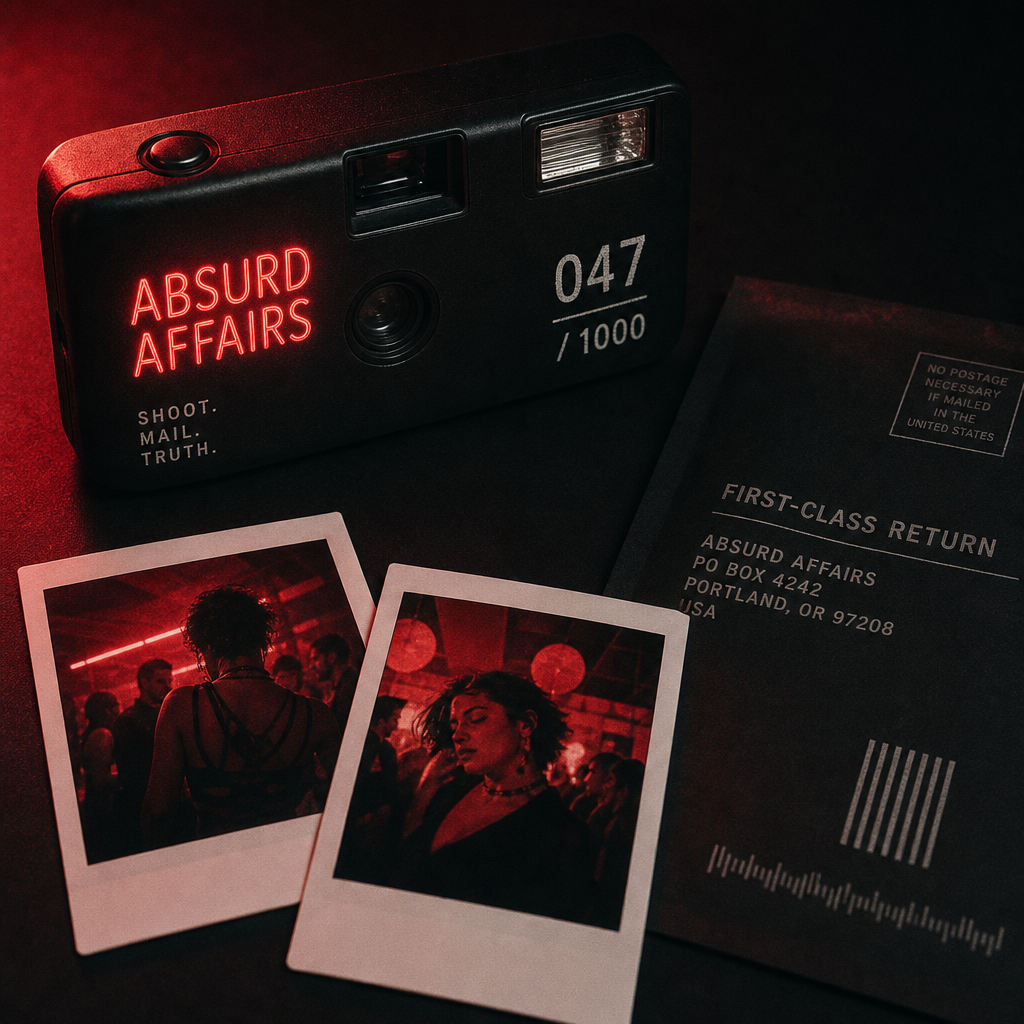 Numbered Absurd Affairs disposable camera with return envelope